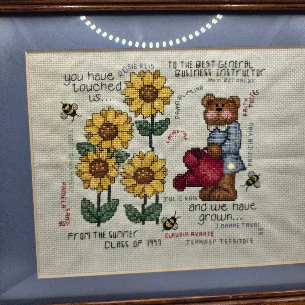 Vintage 1997 Framed Cross‎ Stitch Sunflowers Teddy Bear Teacher Gift Wall Art